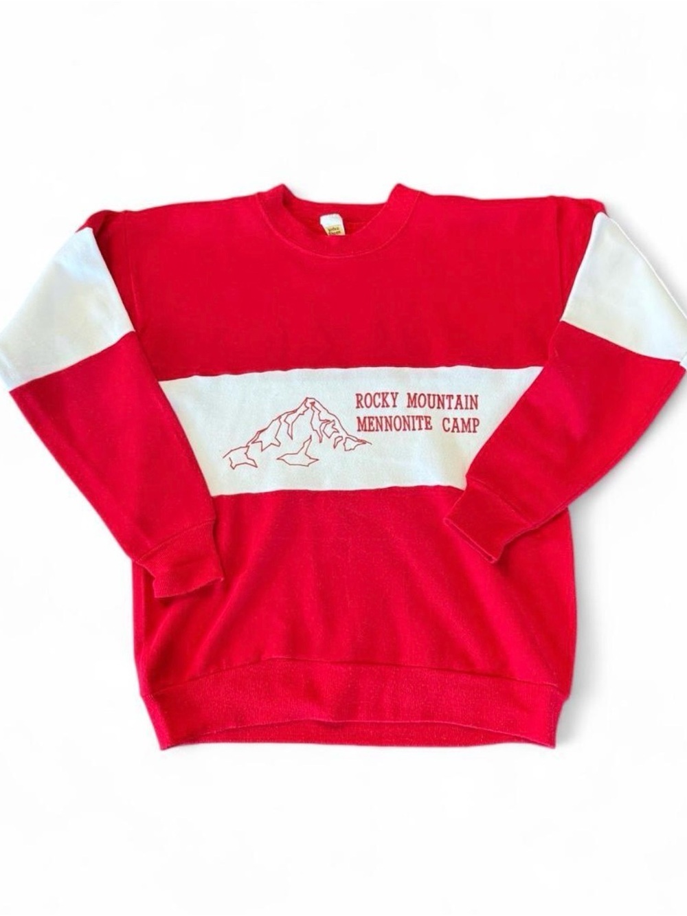 VINTAGE Men’s M Rocky Mountain Mennonite Camp Red and White Crewneck Sweatshirt
